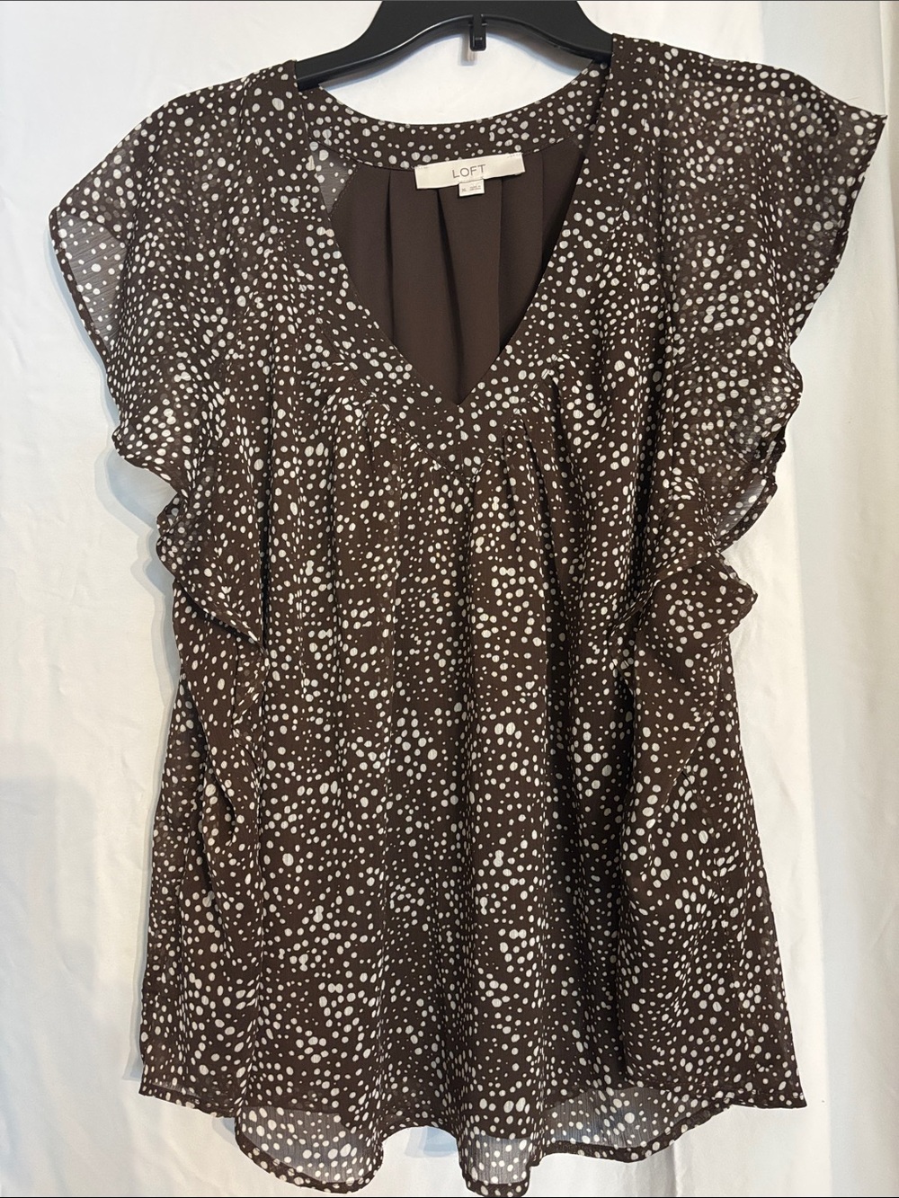 LOFT Brown & White Polka Dot Flutter Sleeve V-Neck Blouse